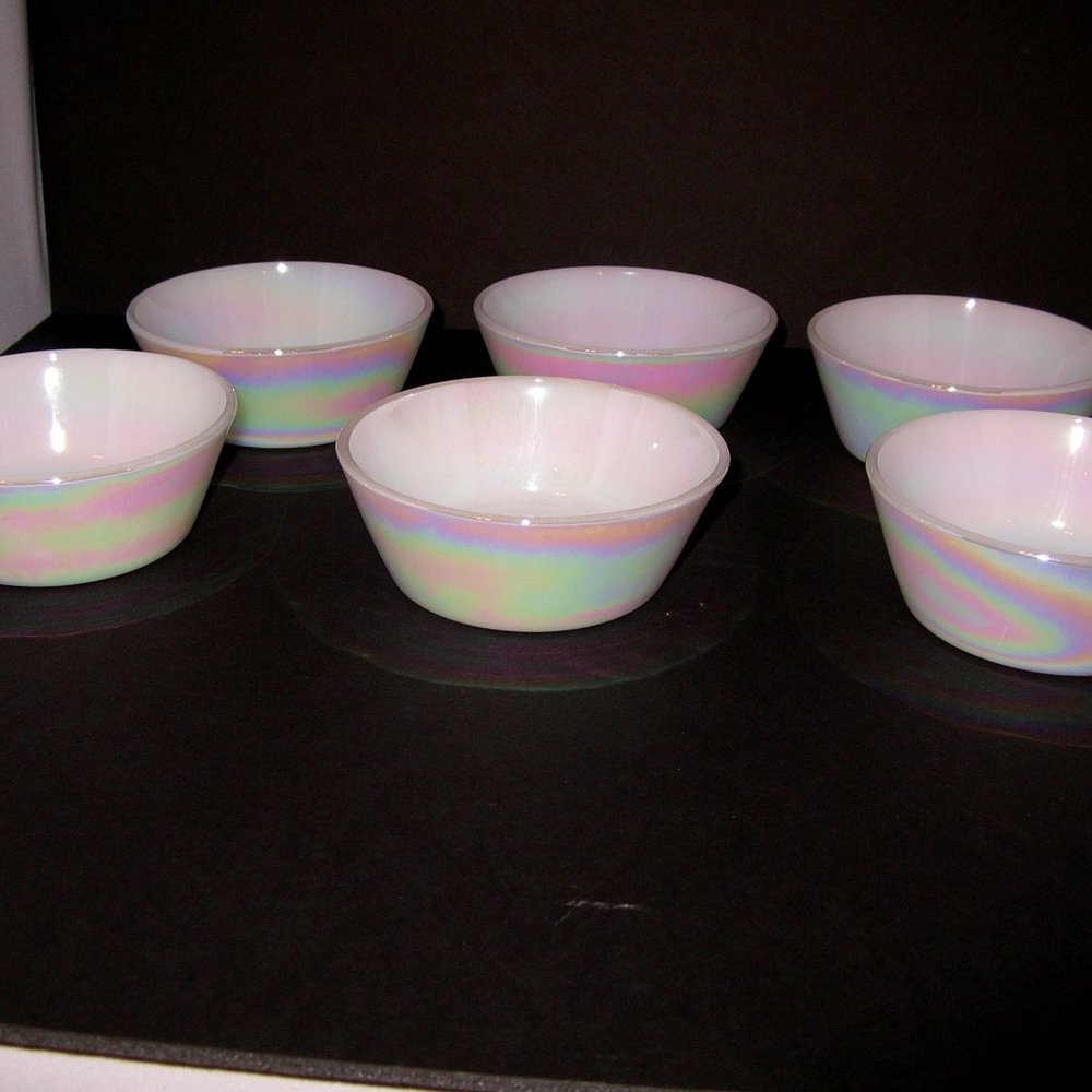 Set of 6 ~ Federal Glass Heat Proof White Luster Outside Milk Glass Bowl 5"x2"T